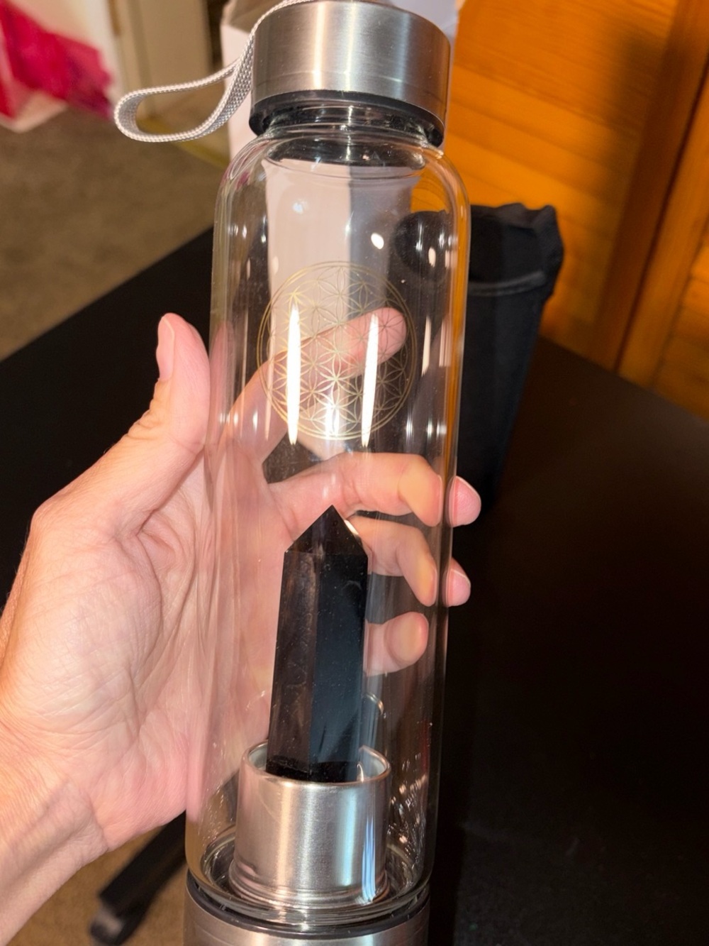 NIB Black Obsidian Crystal Glass Water Bottle with Sleeve - Picture 2 of 5